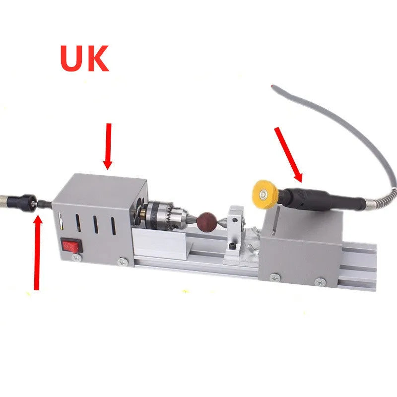 Mini manual woodworking lathe in silver metal finish with 140mm processing capacity