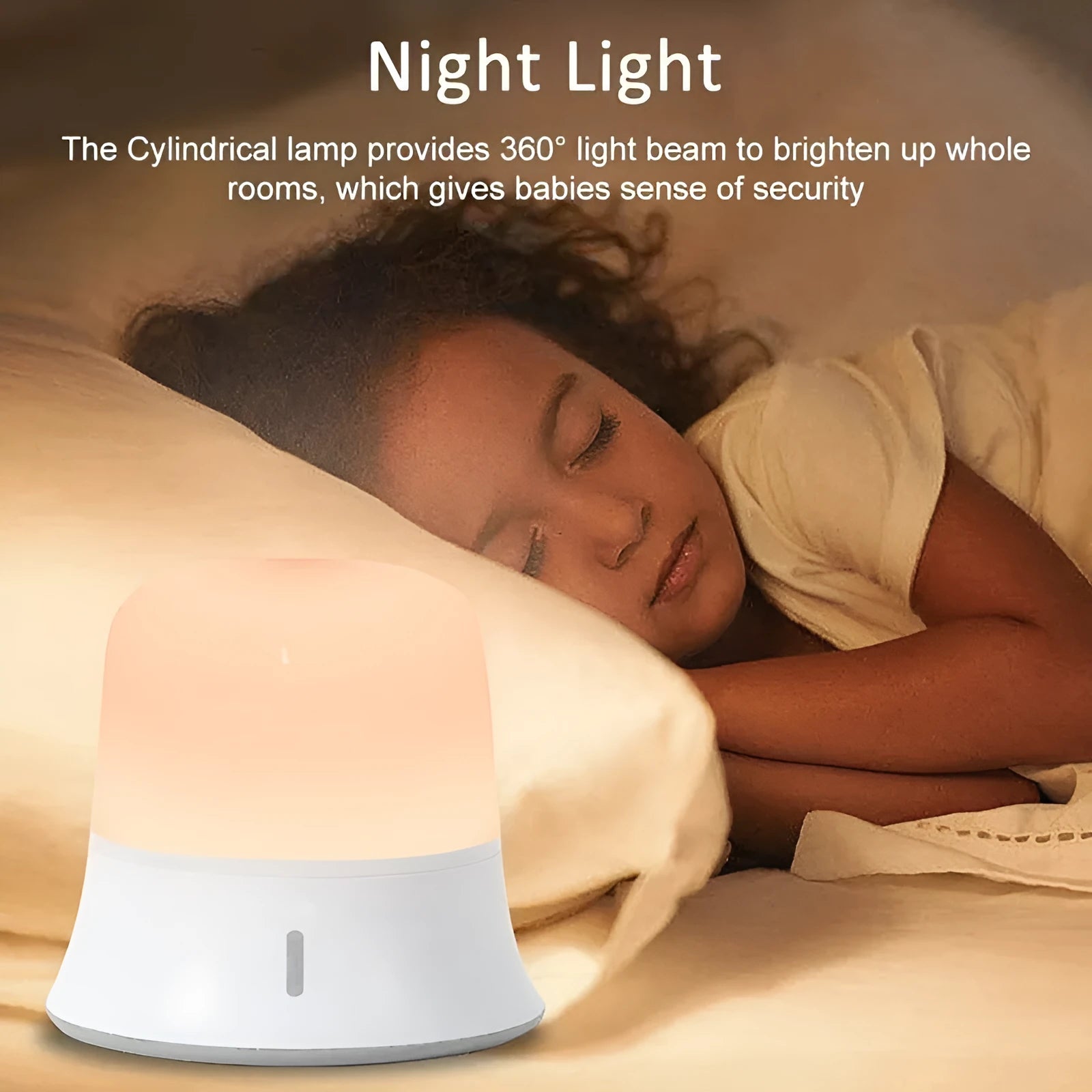White bedside night light with touch controls for dimming and colour changing