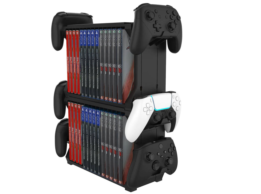 Black ABS plastic PS5 and Xbox Series X disc holder with slots for games and rests for four controllers.