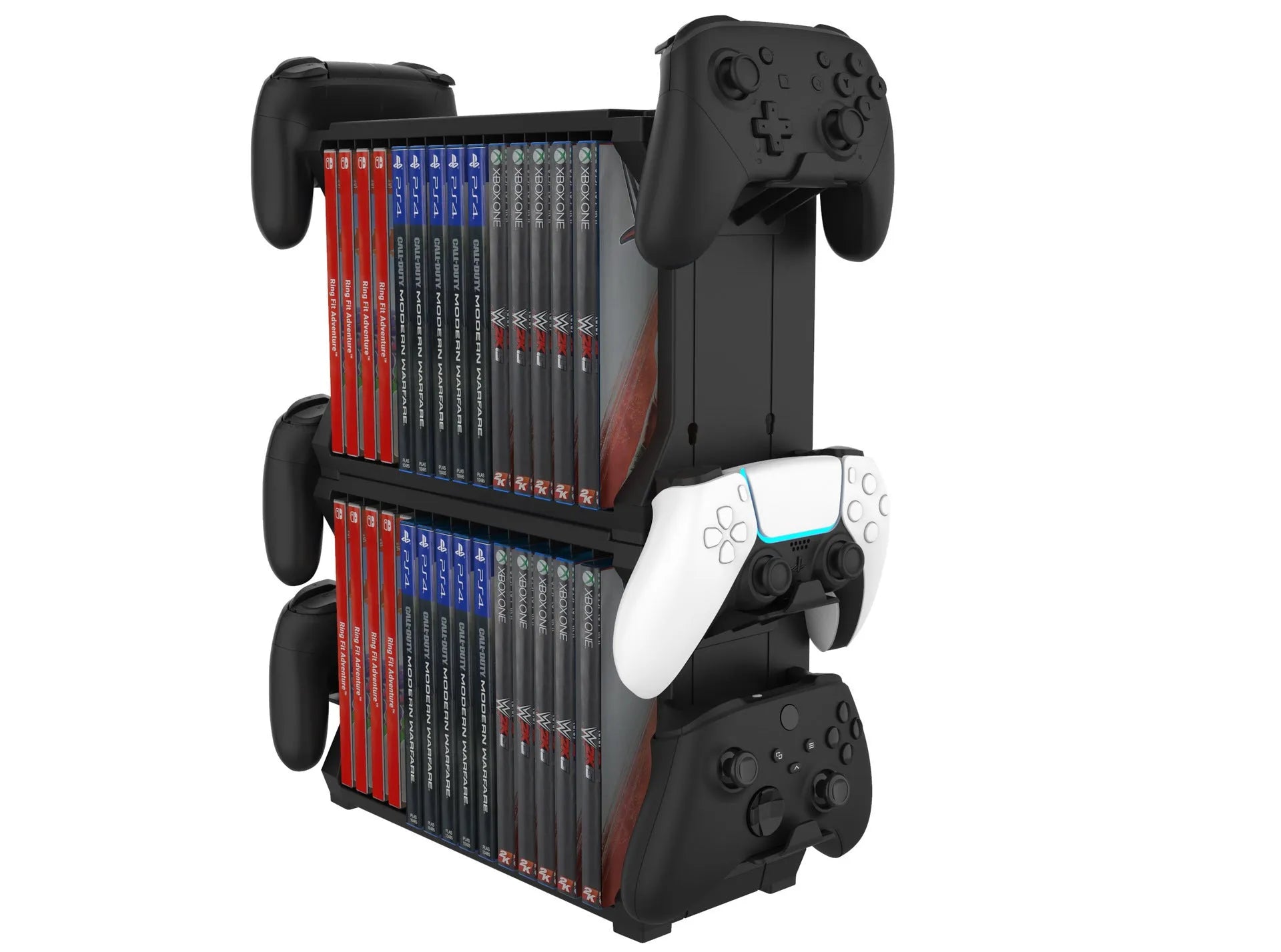 Black ABS plastic PS5 and Xbox Series X disc holder with slots for games and rests for four controllers.