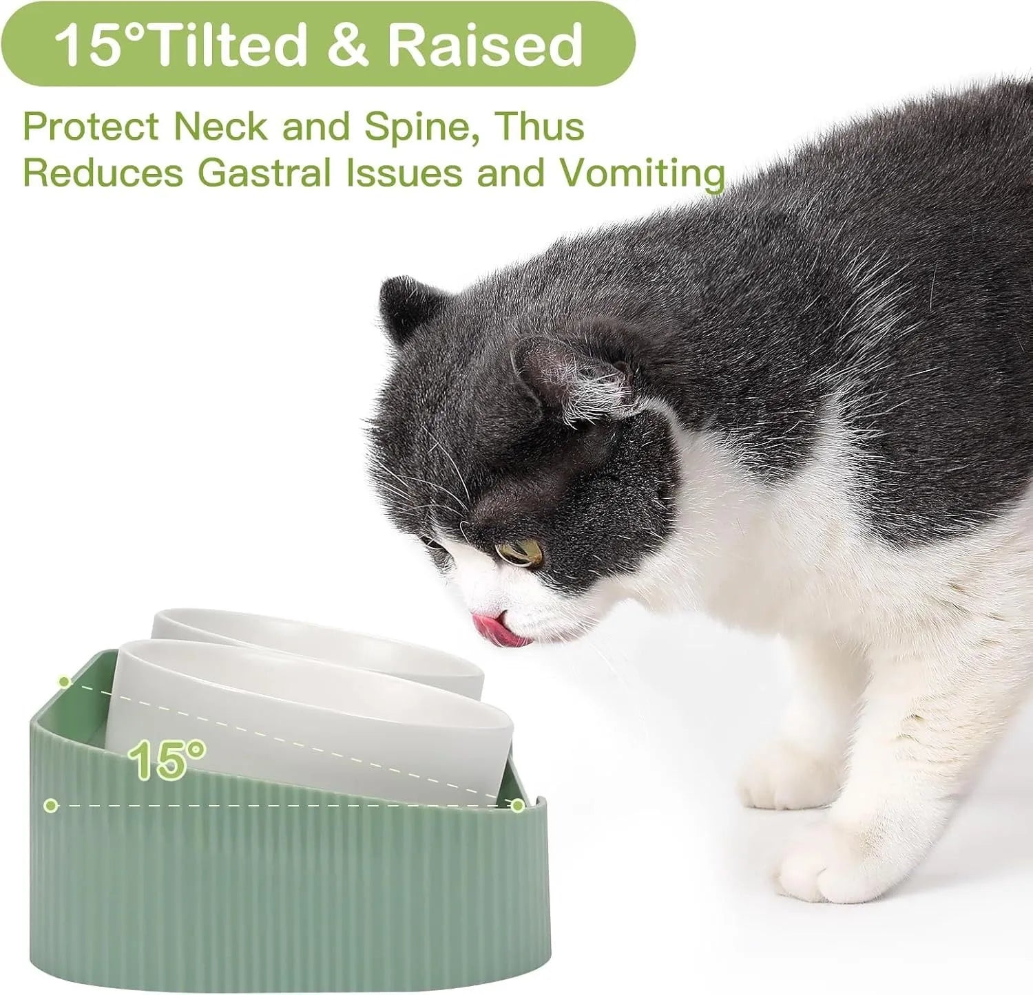 Green ceramic raised cat bowl set with two tilted bowls on a non-slip base