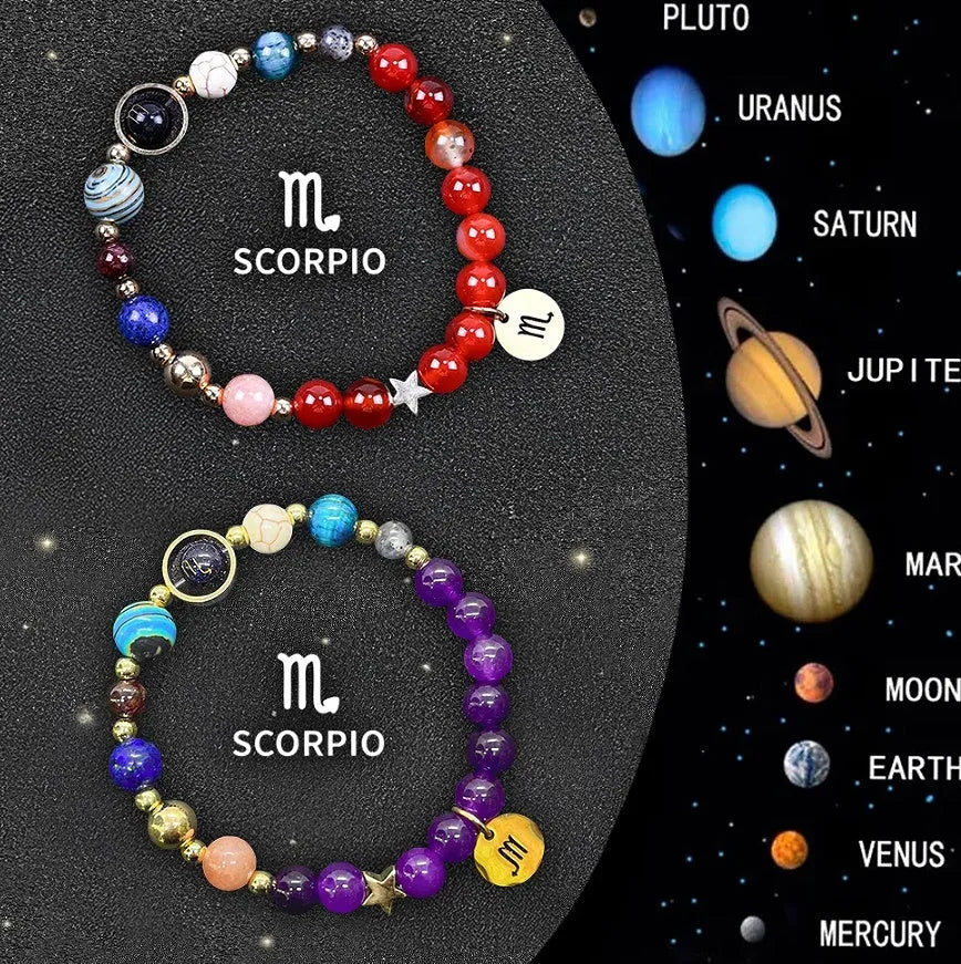Two natural stone beaded bracelets with elastic cord, showing zodiac sign styles.