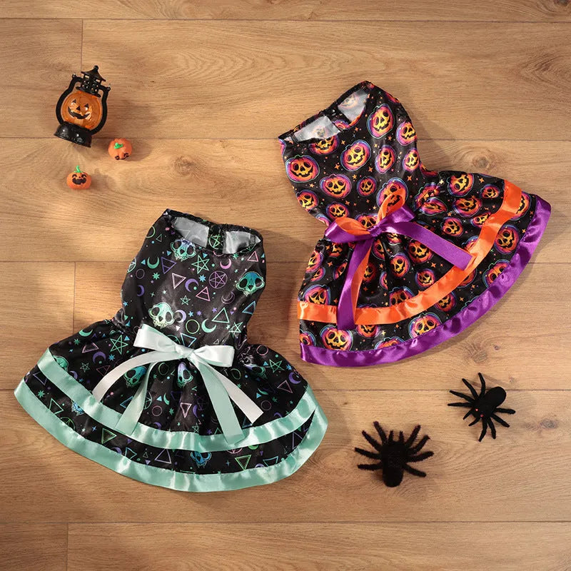 Double-layer Halloween dog skirt with colourful pumpkin print in size M on mannequin