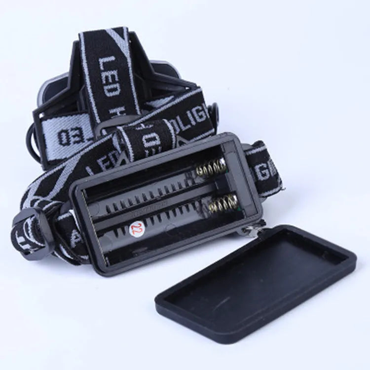 Head-mounted LED camping light with waterproof construction showing 300-500 metre beam distance