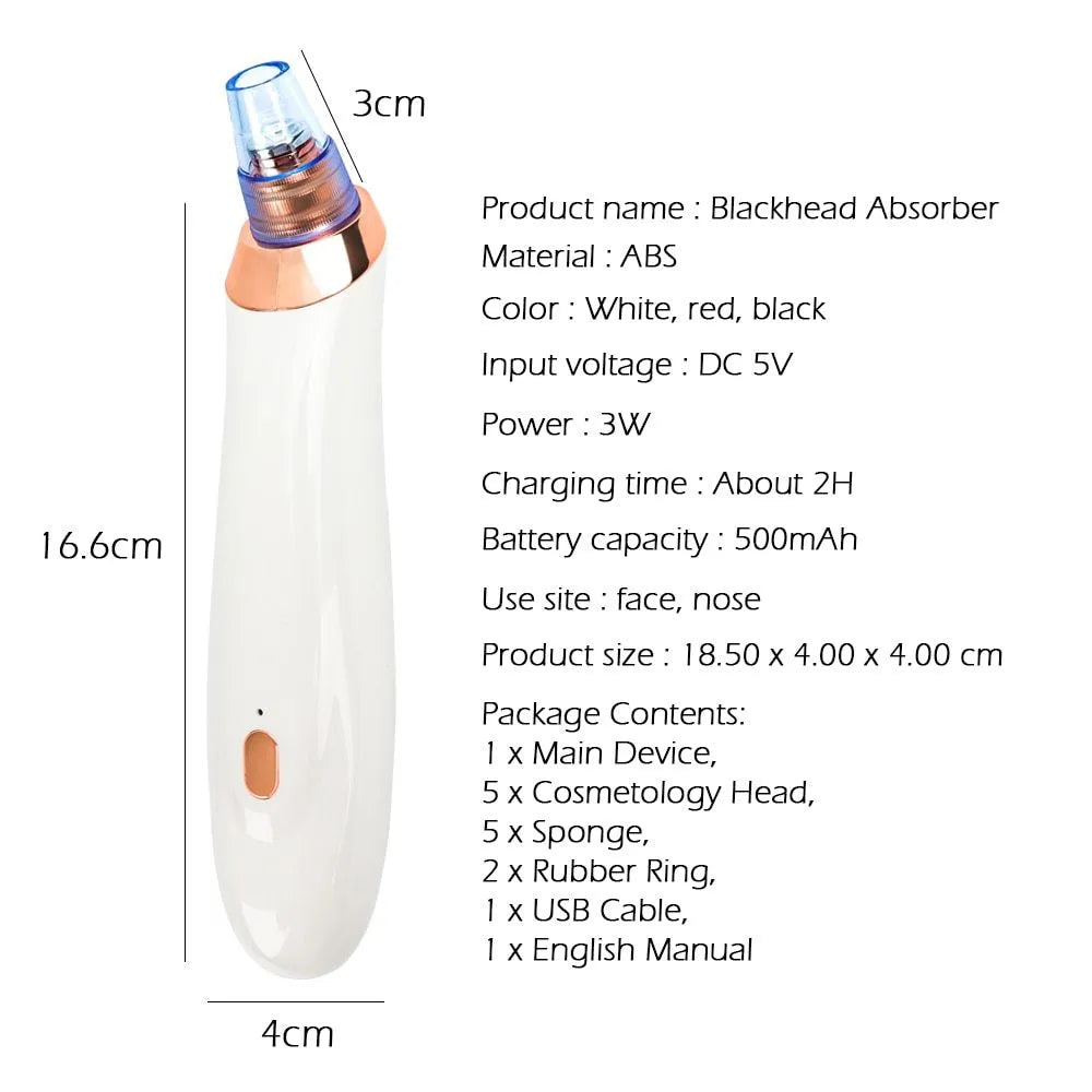 Electric blackhead remover device with interchangeable nozzles in black colour.