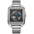 Men's square automatic watch with diamond studs on case, available in black or white with leather or steel strap.