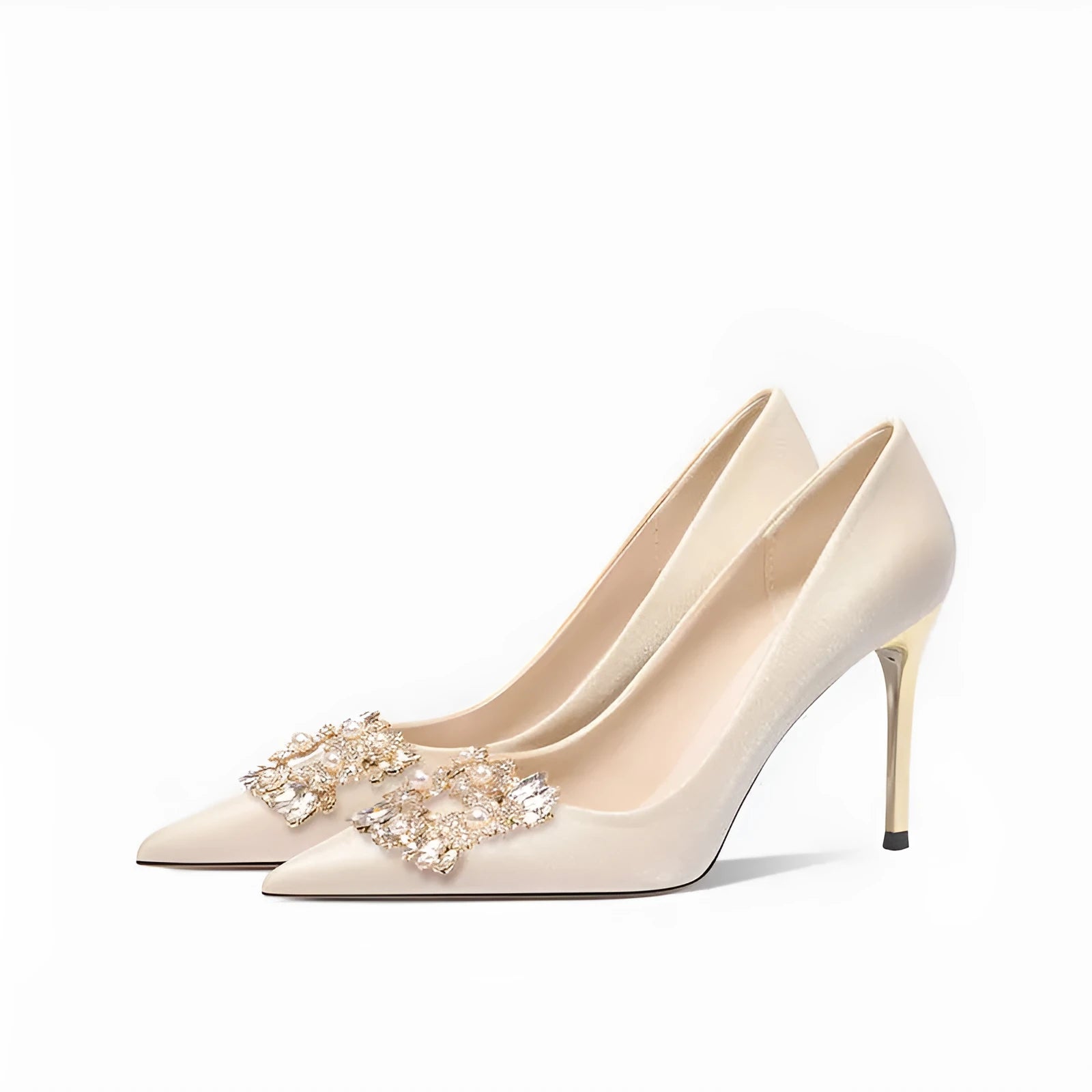 Women's white crystal bridal high heel pumps with rhinestone details and pointed toe
