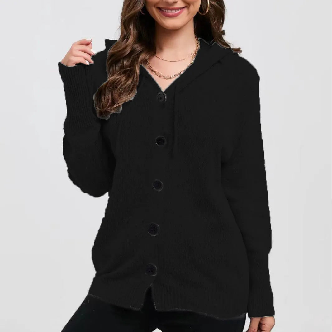 Women's thick cotton hooded cardigan sweater in loose fit, shown in army green colour with 3D texture.