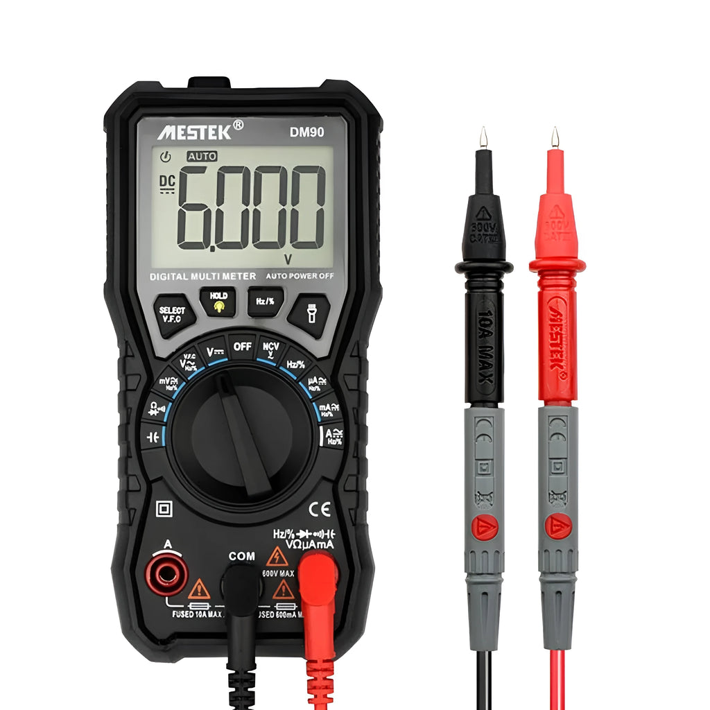 DM90A digital multimeter with test leads on a workbench, showing its large display and rotary function selector.