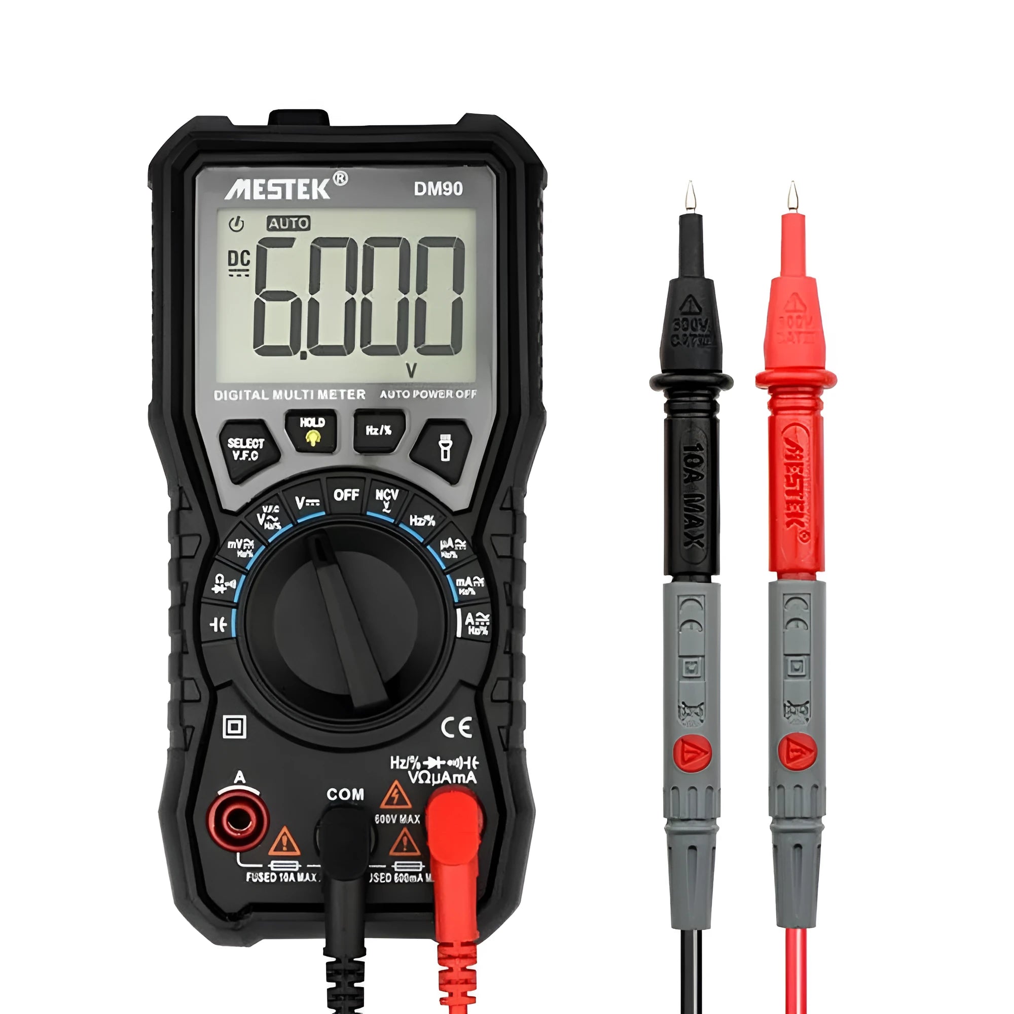 DM90A digital multimeter with test leads on a workbench, showing its large display and rotary function selector.