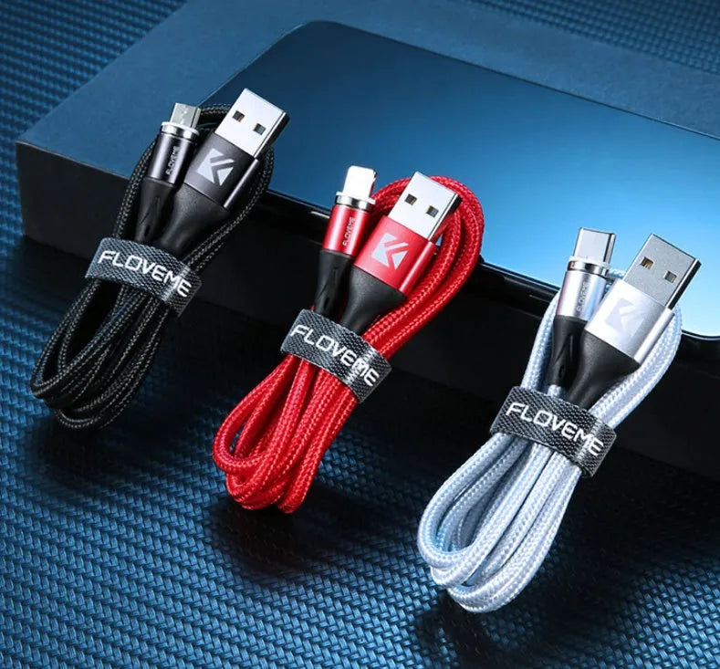 Magnetic smartphone charging cable with LED light indicator in black, available in 1m and 2m lengths