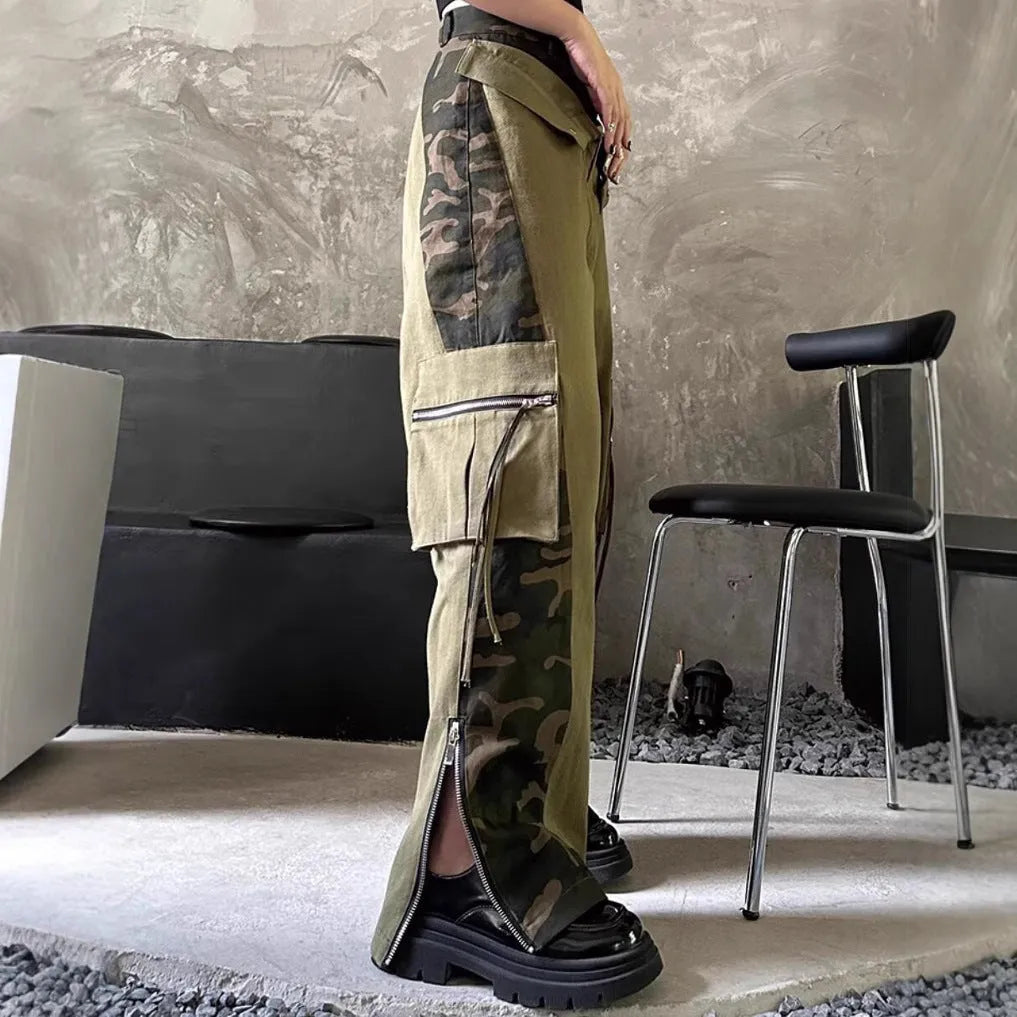 Women's dark khaki leopard print high waist straight leg jeans with contrast stitching tooling style detail