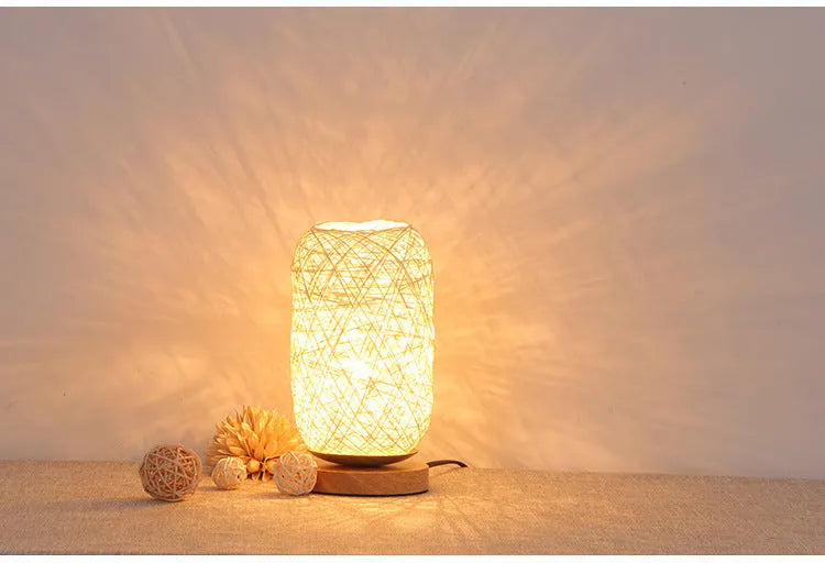 Sepak Takraw desk lamp made from hemp rope with solid wood base and LED light