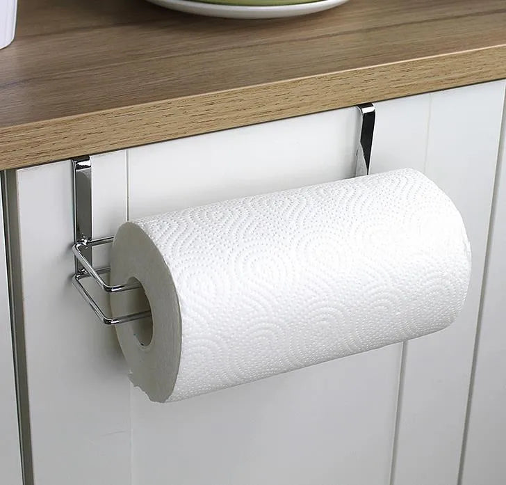 Silver stainless steel towel rack for hanging on the back of a kitchen cabinet door