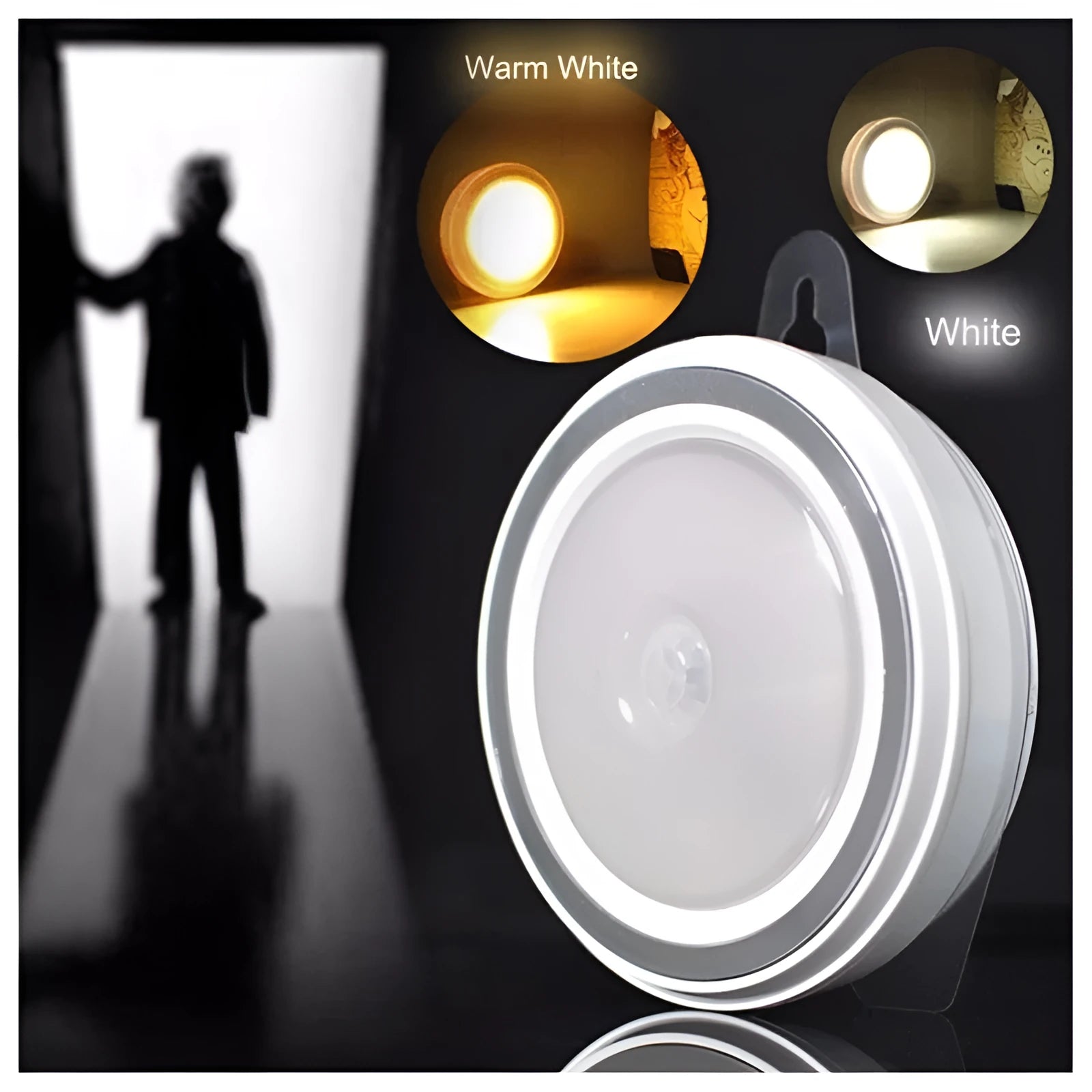 Circular white motion sensor LED light with five LEDs, shown mounted inside a dark wardrobe.
