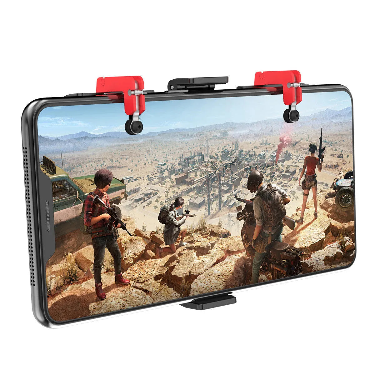 Black mobile phone gaming trigger handle bracket with pull-out concealed trigger and adjustable telescopic phone clip.