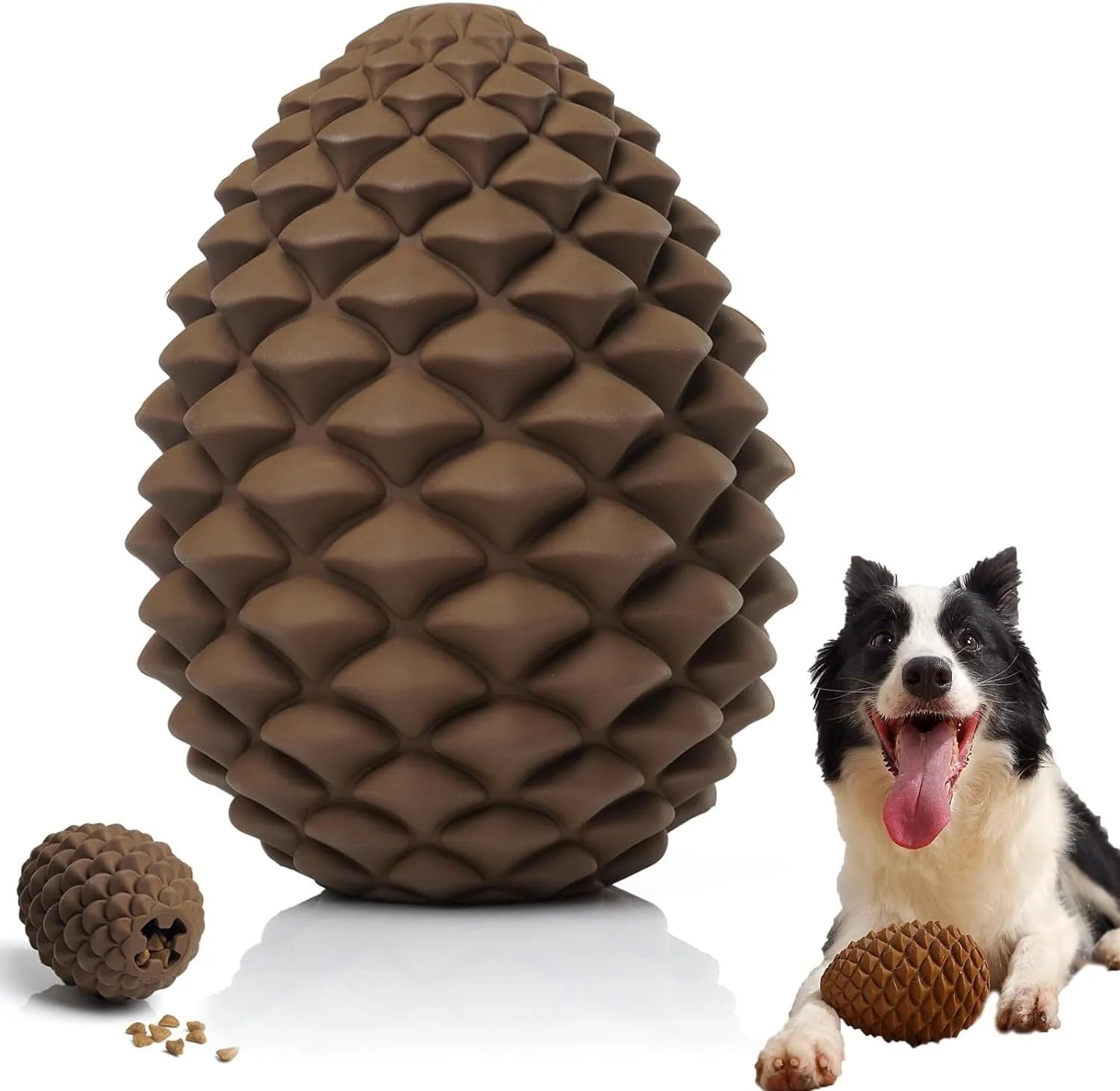 Yellow pine cone shaped rubber dog chew toy with treat dispenser hole