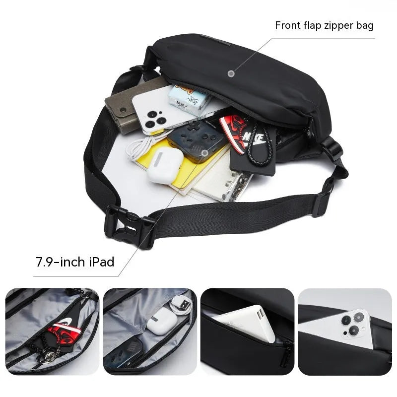 Black Oxford cloth messenger bag with one-shoulder riding design and street style details