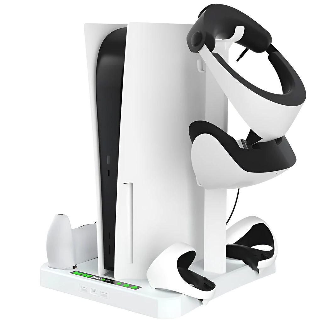 PS5 PSVR2 multifunctional cooling pad base with game disc and helmet storage rack in ABS material