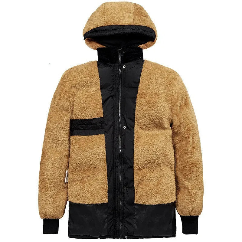 Men's black velvet padded winter jacket with hood and double-breasted front