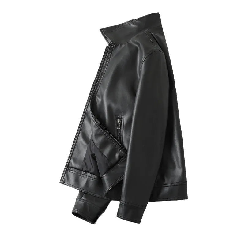 Men's black PU leather casual jacket with zipper and pockets in loose fit design