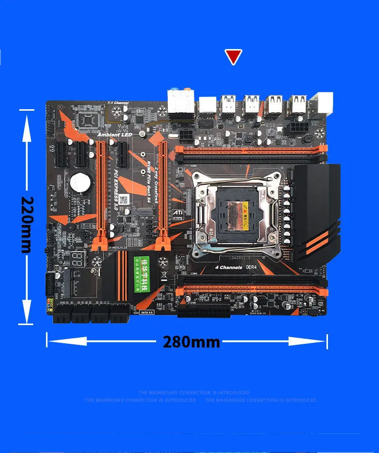 Black X99 desktop motherboard with LGA2011-3 socket, four DDR4 slots, two PCI-E x16 slots, and M.2 interface.