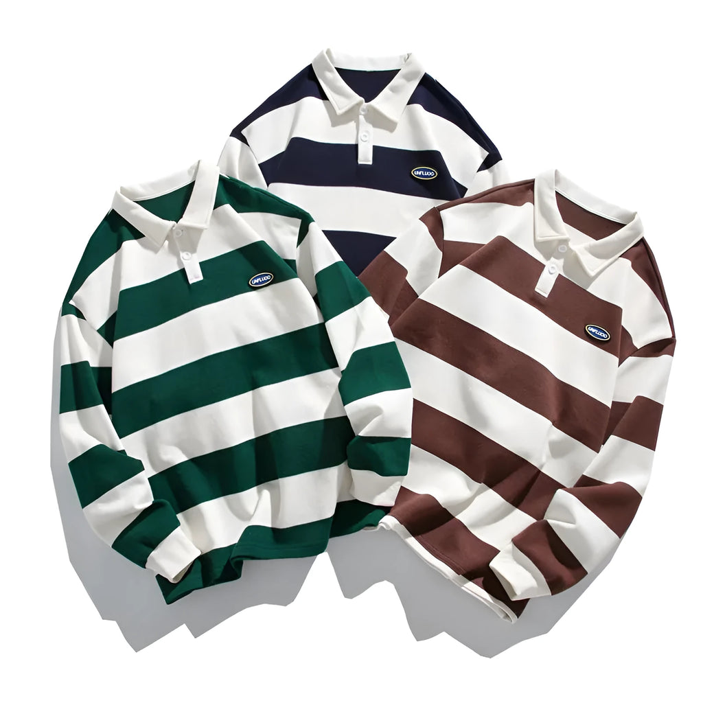 Loose fit pearl cotton polo shirt with lapel collar and long sleeves in striped Hong Kong style.