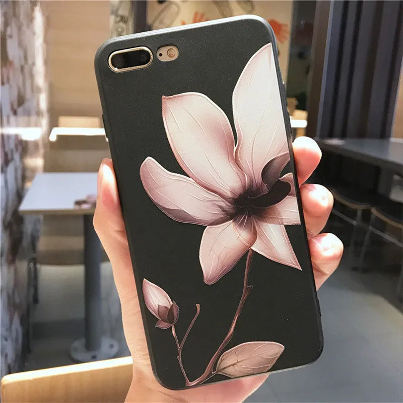Embossed floral pattern TPU back cover case for iPhone in black and white.