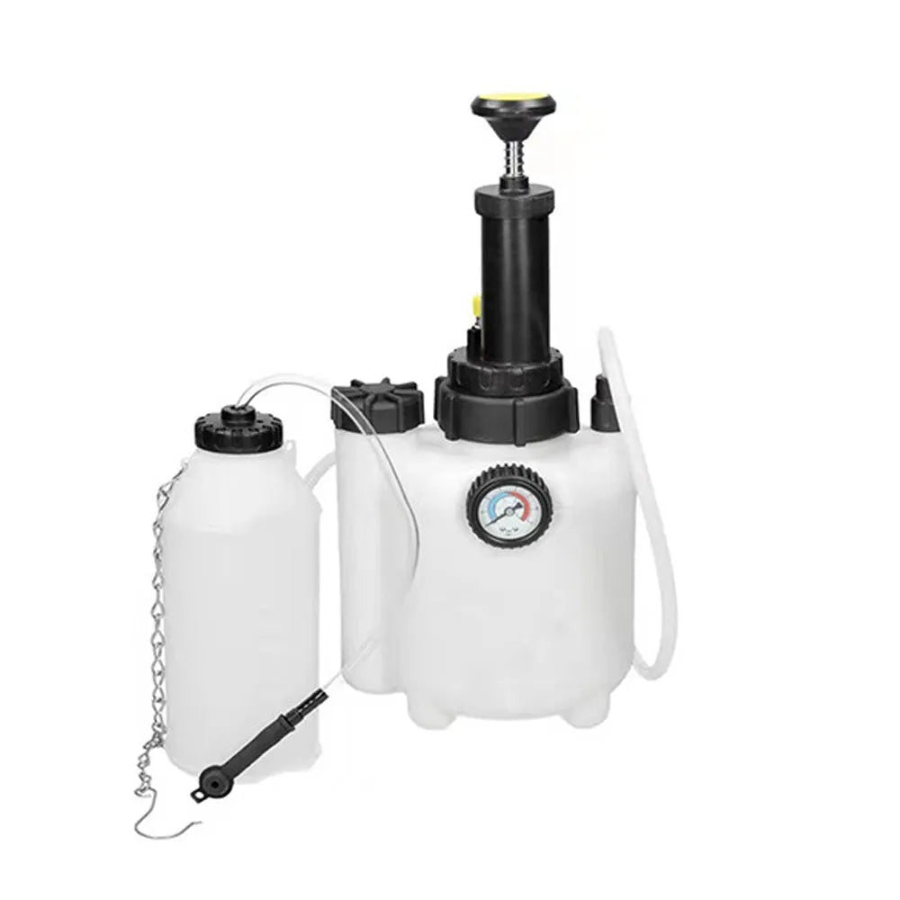 White 3-litre brake oil tank replacement tool with copper, iron and plastic components.