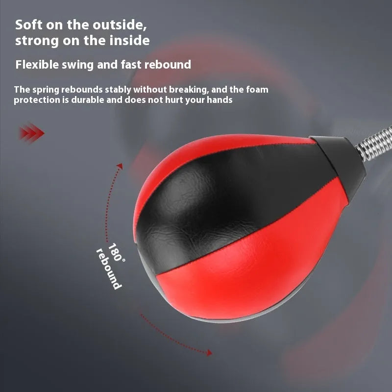 Inflatable hanging boxing reaction ball with pear-shaped tumbler vent and suction cup mounting system