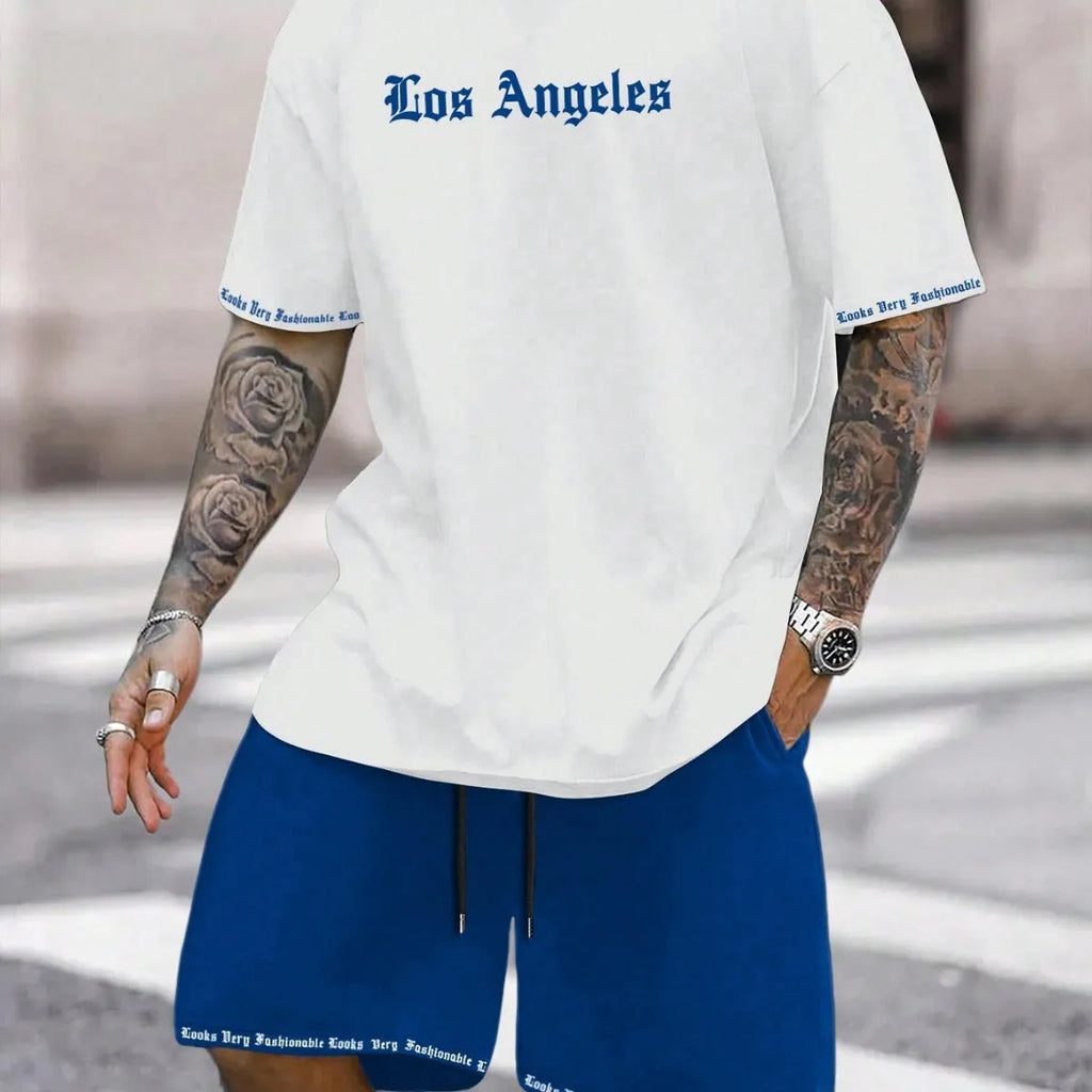 Sports style short-sleeved top and matching shorts set in solid colour on hanger