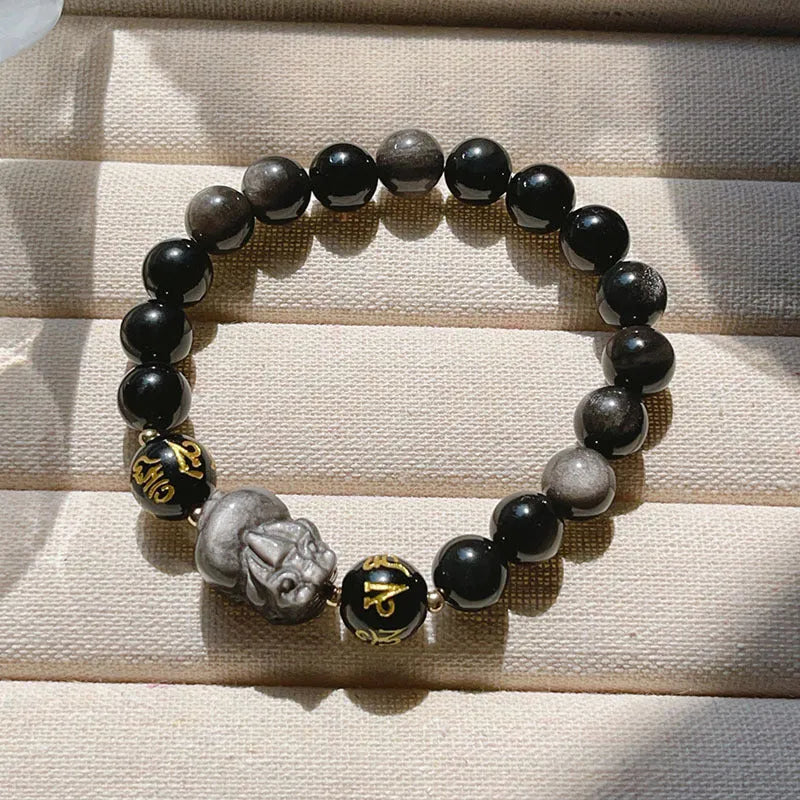 Men's silver stone bracelet with zodiac motifs, anniversary engraving and proverb beads in Chinese style