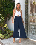 High waist straight leg women's trousers in cotton fabric with cropped length and pleating detail