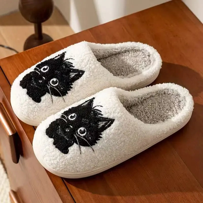 White plush couples slippers with black beard cat cartoon print and non-slip sole