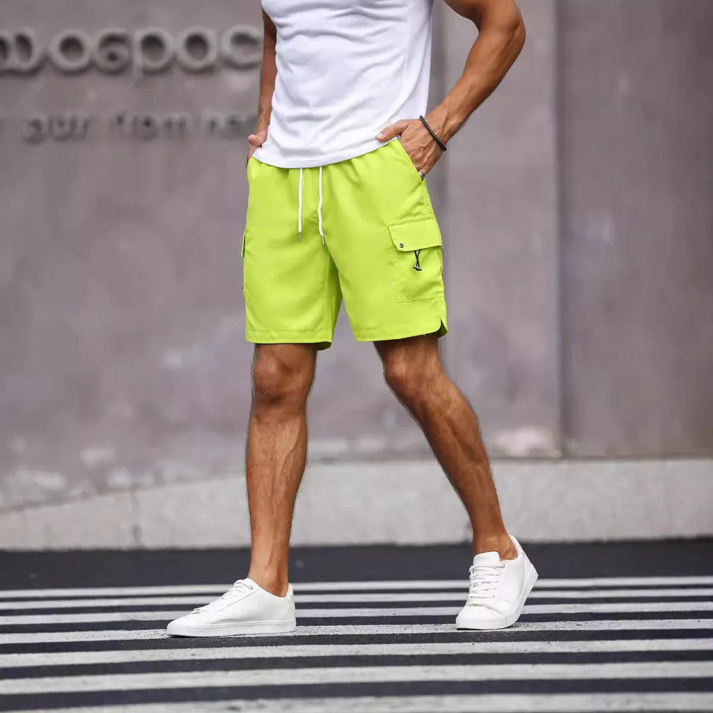 Men's loose fit work shorts in army green with straight leg design and fifth pants length