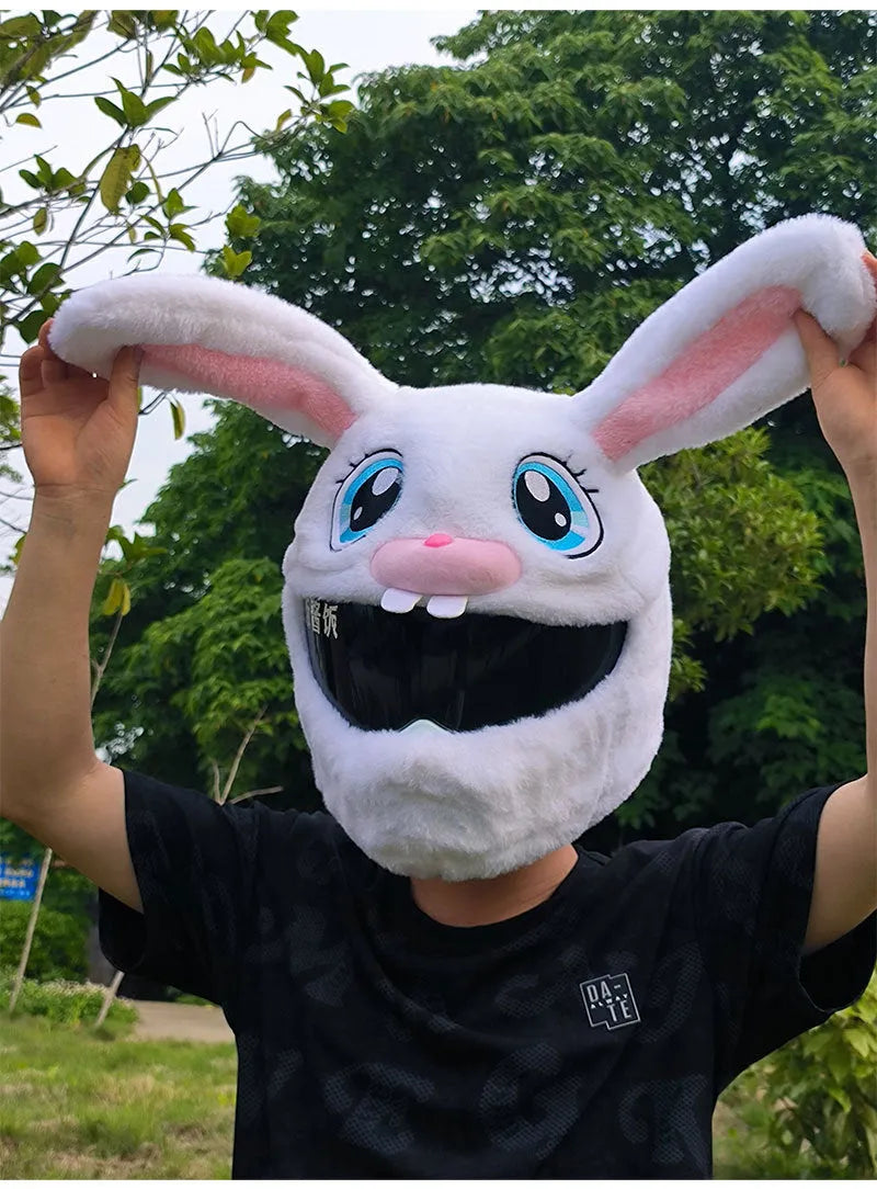White rabbit head plush cover for motorcycle helmet with long ears.