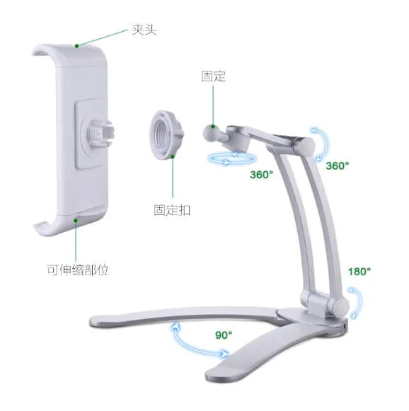 Silver aluminum alloy desktop stand holding a tablet, showing 360-degree adjustable arm and clamping mechanism.
