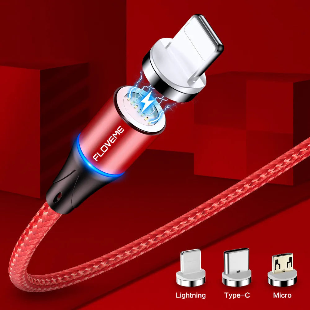 Magnetic smartphone charging cable with LED light indicator in black, available in 1m and 2m lengths