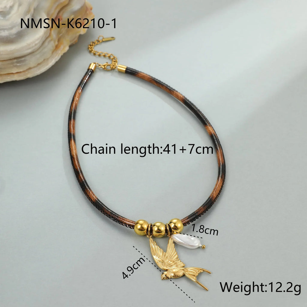 Leopard print geometric pendant necklace on stainless steel chain with gold plating