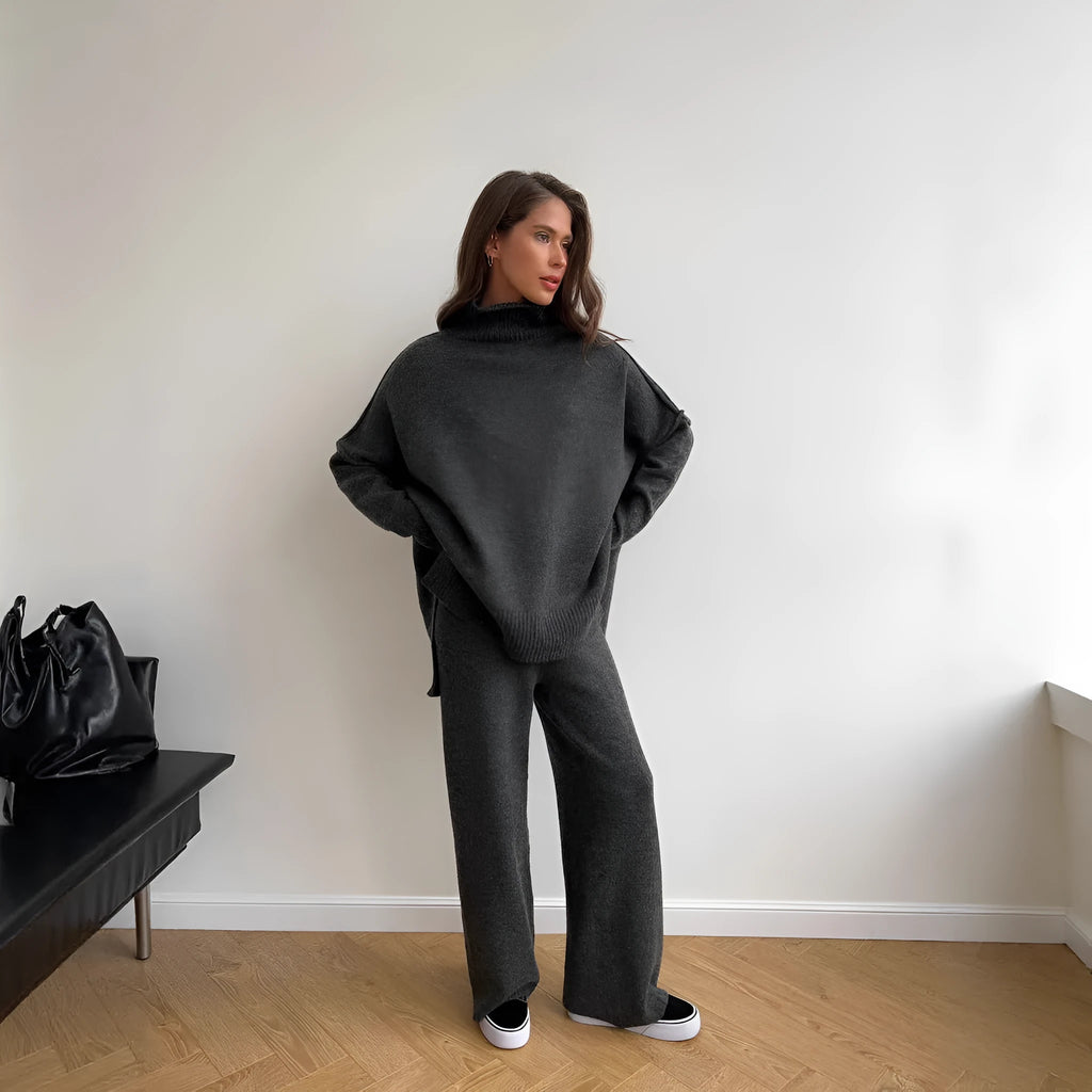 Women's side-slit sweater suit set with matching trousers in solid pattern design