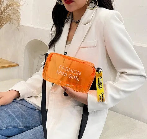 Transparent square jelly shoulder bag in various colours with adjustable strap and phone compartment
