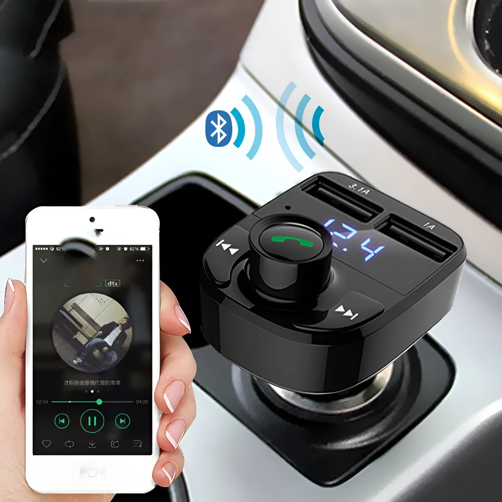 HY82 car MP3 player and Bluetooth FM transmitter with dual USB charging ports plugged into a car dashboard.