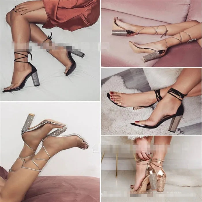 Women's black and gold pointed toe plastic high heel shoes on size label.