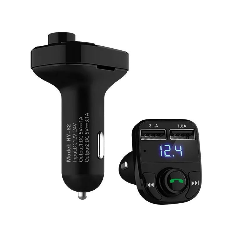 HY82 car MP3 player and Bluetooth FM transmitter with dual USB charging ports plugged into a car dashboard.