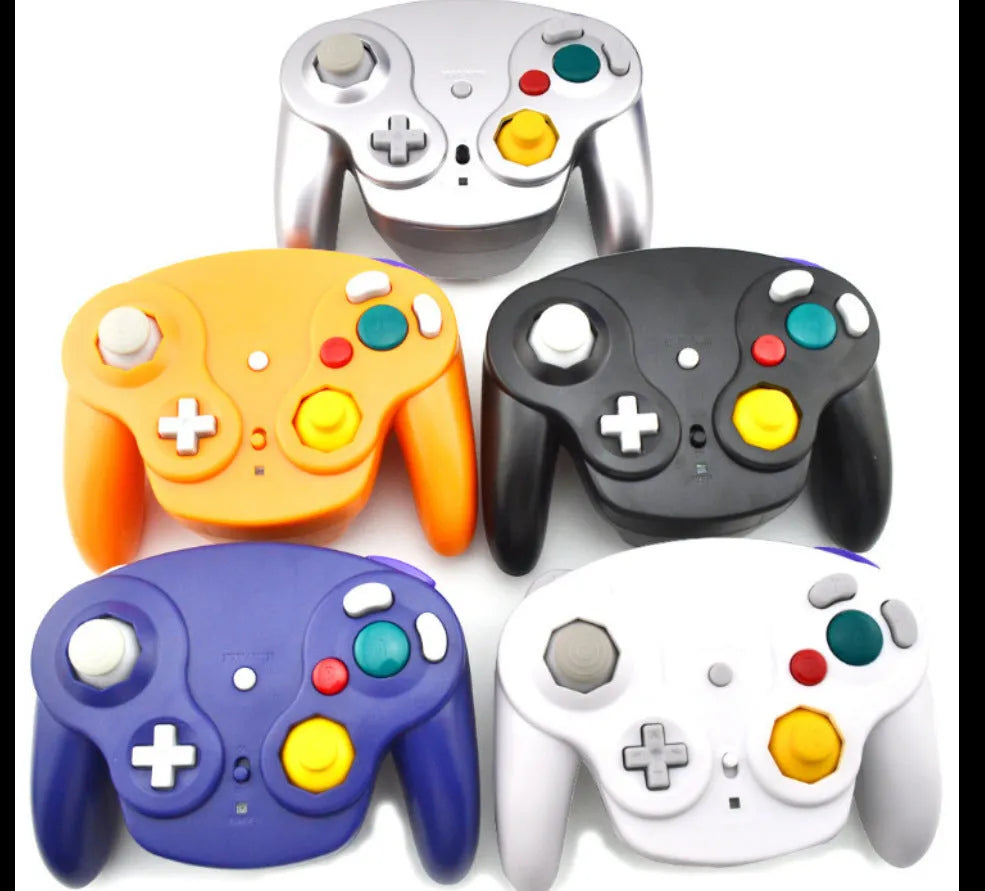 NGC 2.4G wireless game controller for Wii and GameCube consoles in six colour options on a white background.