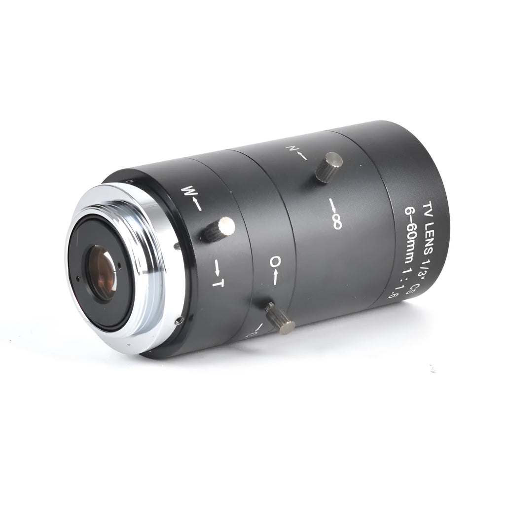 Black manual aperture CCTV camera lens with 6-60mm focal range and CS mount interface