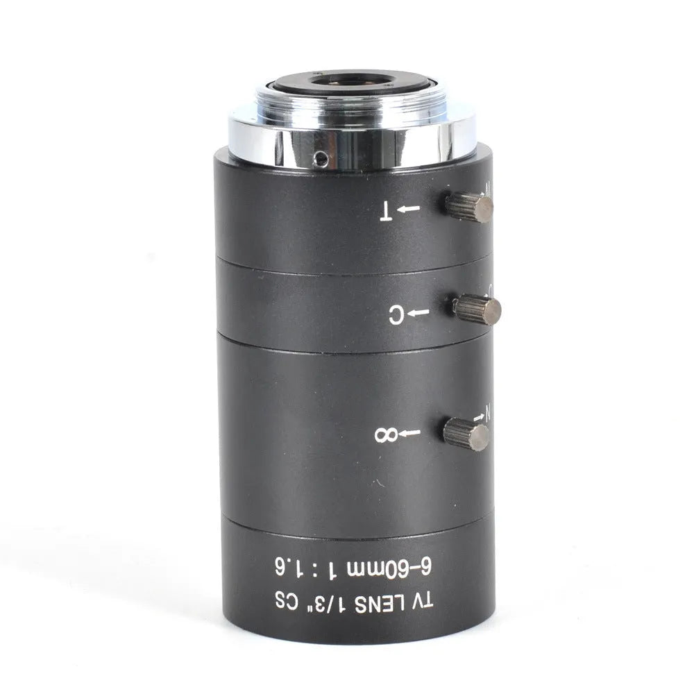 Black manual aperture CCTV camera lens with 6-60mm focal range and CS mount interface