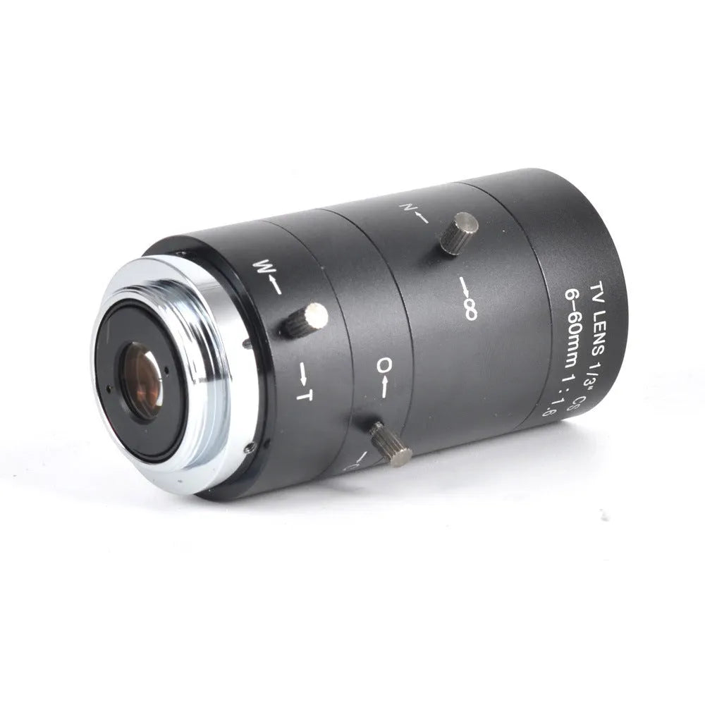 Black manual aperture CCTV camera lens with 6-60mm focal range and CS mount interface