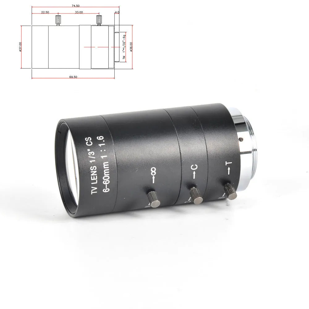 Black manual aperture CCTV camera lens with 6-60mm focal range and CS mount interface