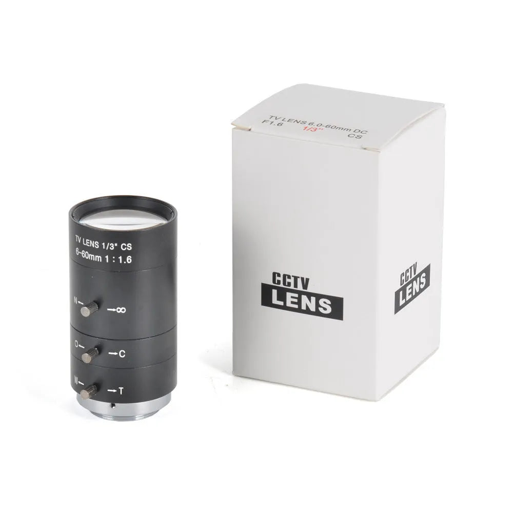 Black manual aperture CCTV camera lens with 6-60mm focal range and CS mount interface